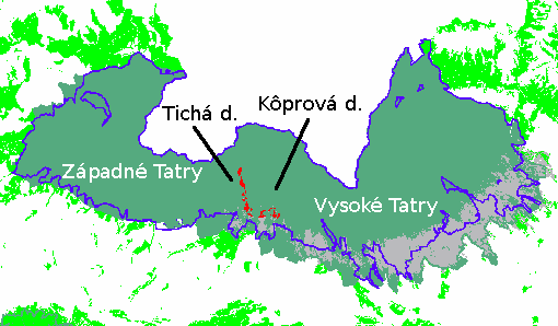 Mapka znázorňuje polohu Tichej a Kôprovej doliny, kalamitné v dolinách plochy sú vyznačené červenou , hlavné tatranské vývratiská sú na mapke sivé .